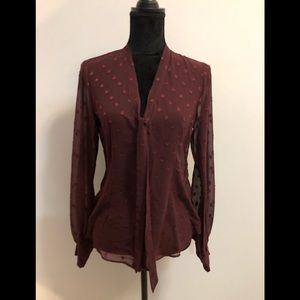 NTW EXPRESS BURGUNDY SHEER BUTTON POLKADOT BLOUSE
